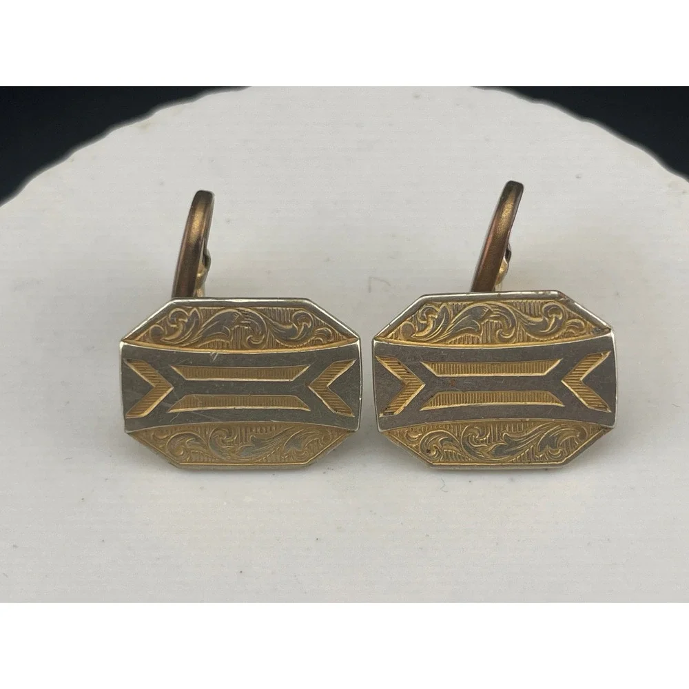 Gold Filled Art Deco Cufflinks Two Tone Etched Engine Turn Geometric Swivel Back